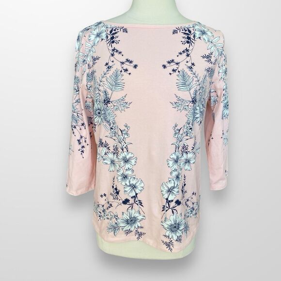 Talbots Tee Size Large Petite‎ Top Shirt Scoop Neck 3/4 Sleeve Pink Navy - Picture 7 of 8